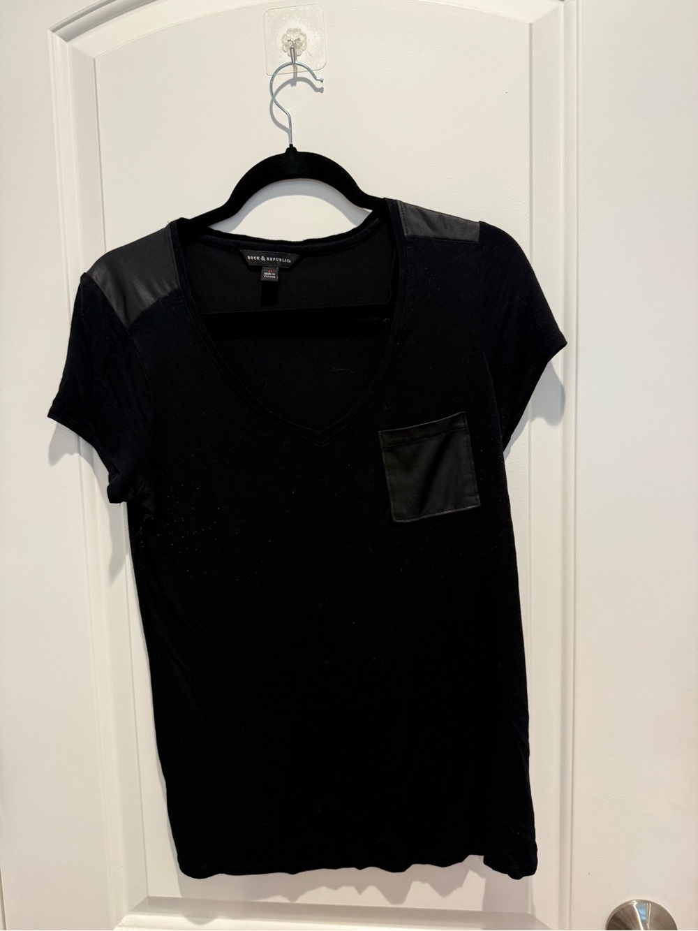 Rock & Republic Black V-Neck Tee with Faux-Leather Pocket